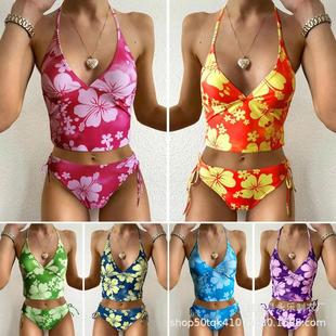 Women's printed high waisted bikini split swimsuit
