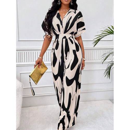 Ladies' full body printed wide leg jumpsuit