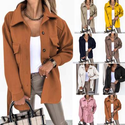 Women's long sleeved lapel tied woolen coat