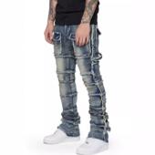 elastic denim straight Men pants workwear leg patch