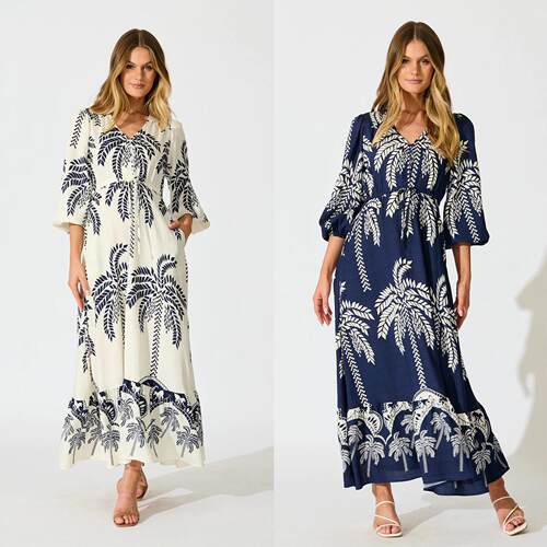 Dress lantern sleeves V-neck waist cinched oversized swing