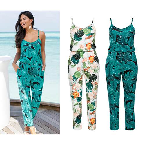 Women's suspender collar printed jumpsuit pants as a base