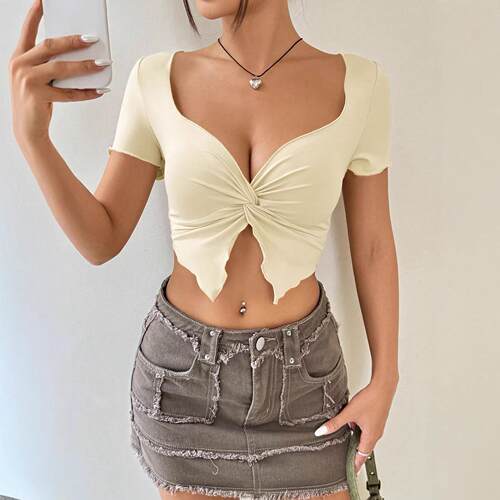 V-neck knitted sweater short long sleeved top