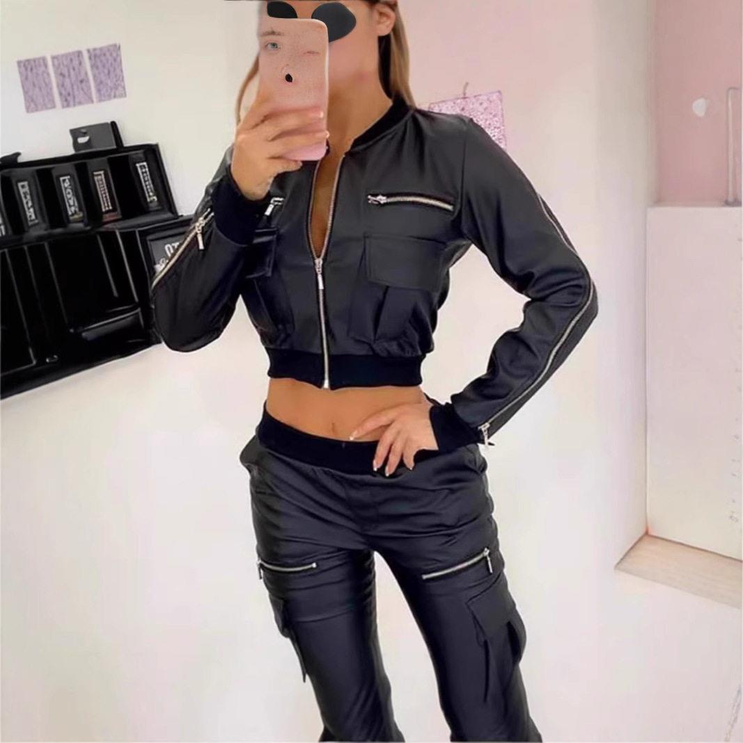 Black zipper short jacket for women黑色拉链短外套女图片