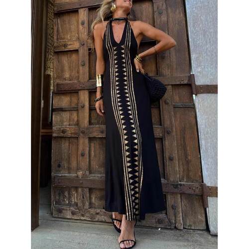 Printed V-neck backless hanging neck lace up long skirt