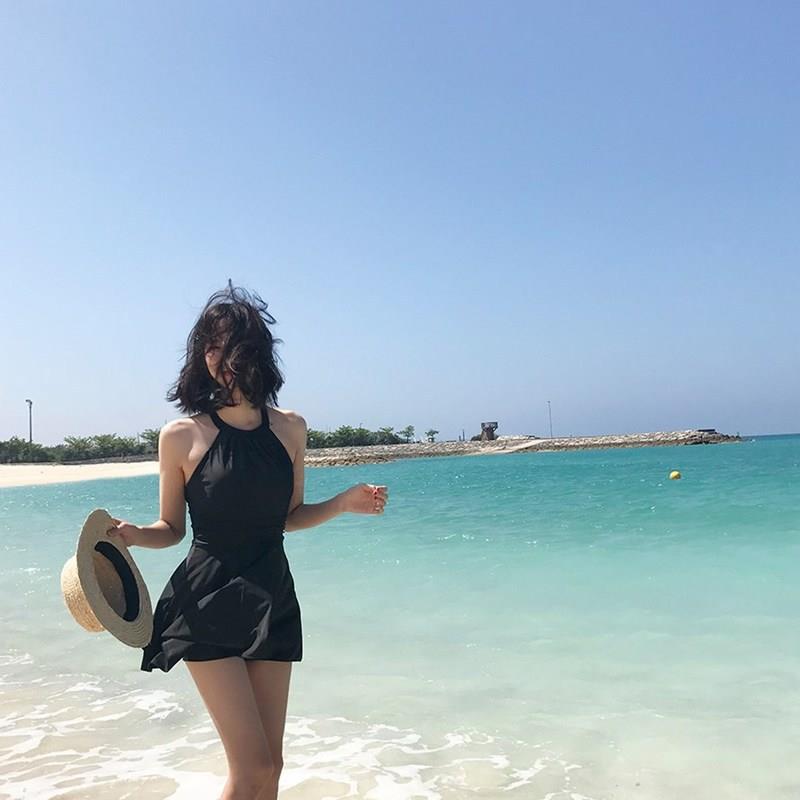 Black plus size swimsuit, women's chubby conservative