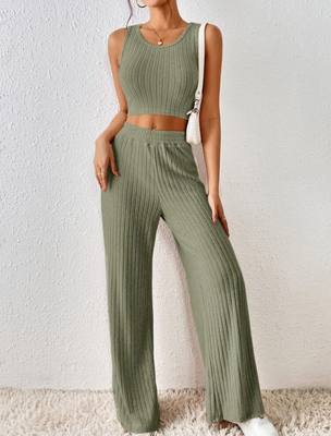 Spring Pure Fashion Casual Knitted Tank Top High Waist Pants