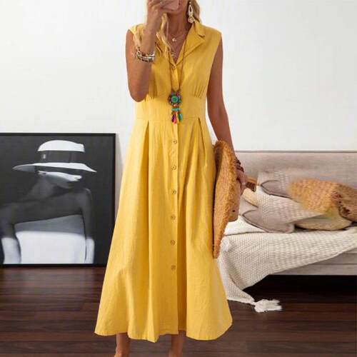 Women's Cotton and Hemp Long Dress with Collar