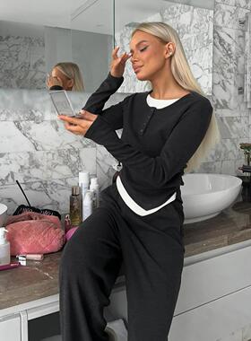 Splicing two pleated hem top straight leg pants set for