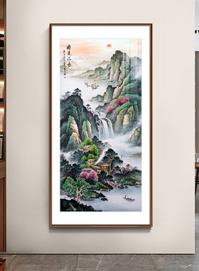 旭日东升山水画东墙挂画新中式玄关过道走廊装饰画入户正对进门竖