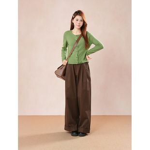 咖色裤 早秋时尚 气质绿色慵懒风小个子百搭针织衫 韩版 子两件套 新款