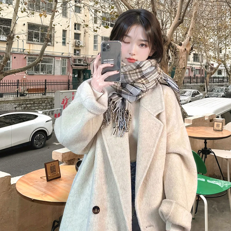 2025年新款冬季白色呢大衣小众中长款小个子高级感毛呢外套女冬装