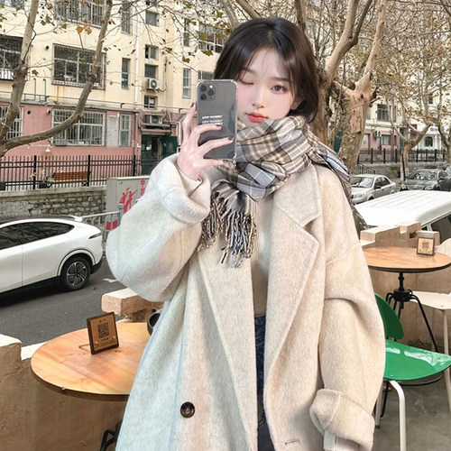 2025年新款冬季白色呢大衣小众中长款小个子高级感毛呢外套女冬装