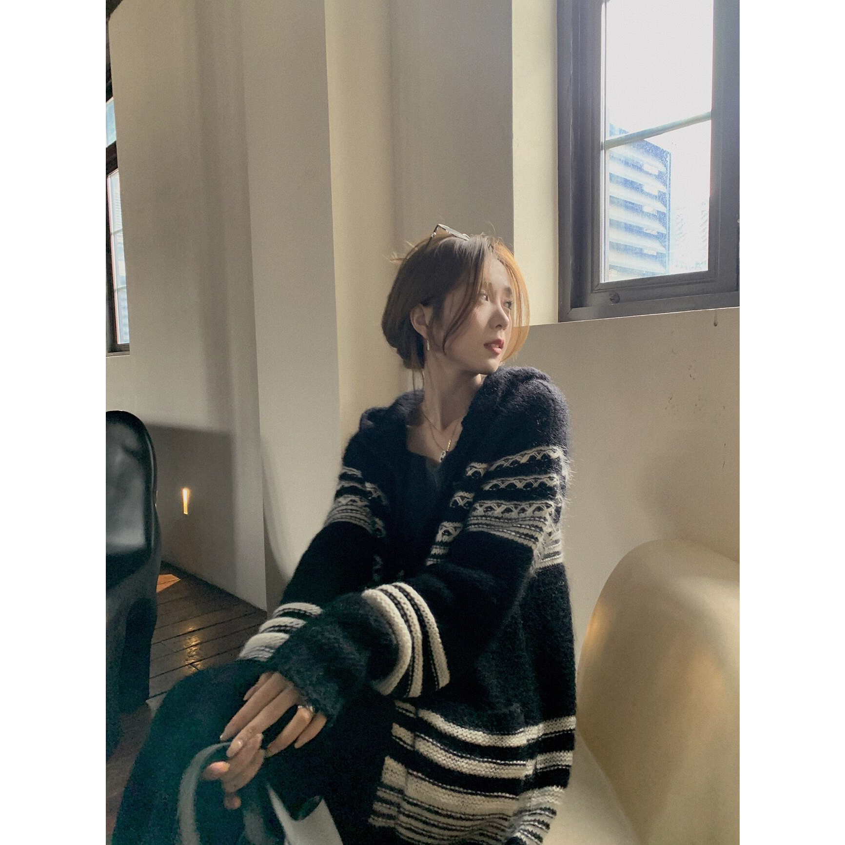SASA经典不过时 慵懒中长款设计条纹撞色开衫女米兰绒外套