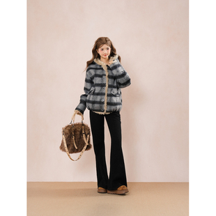 海上小画家 学院风海军领格子外套2025冬季宽松连帽毛领毛呢上衣