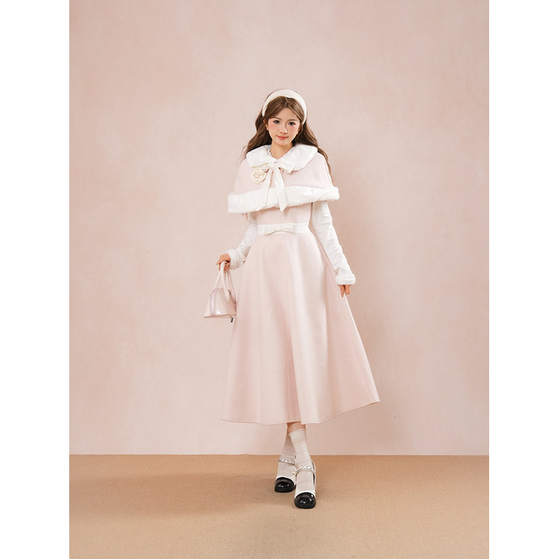 【冬日千金】小个子氛围感公主风长袖假两件连衣裙+斗篷两件套装