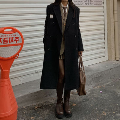 赫本风毛呢大衣女宽松2025韩版新款中长款加厚黑色冬过膝呢子外套