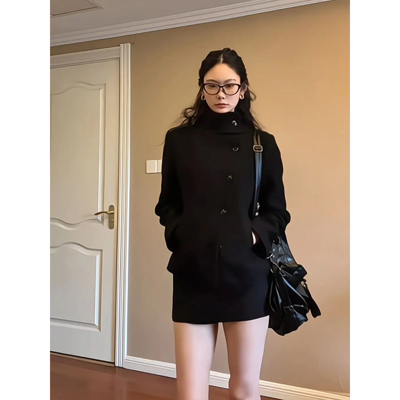 黑色立领毛呢外套半裙显瘦两件套