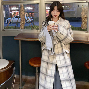时尚格子中长款毛呢外套女加厚秋冬新款宽松百搭气质夹棉呢子大衣