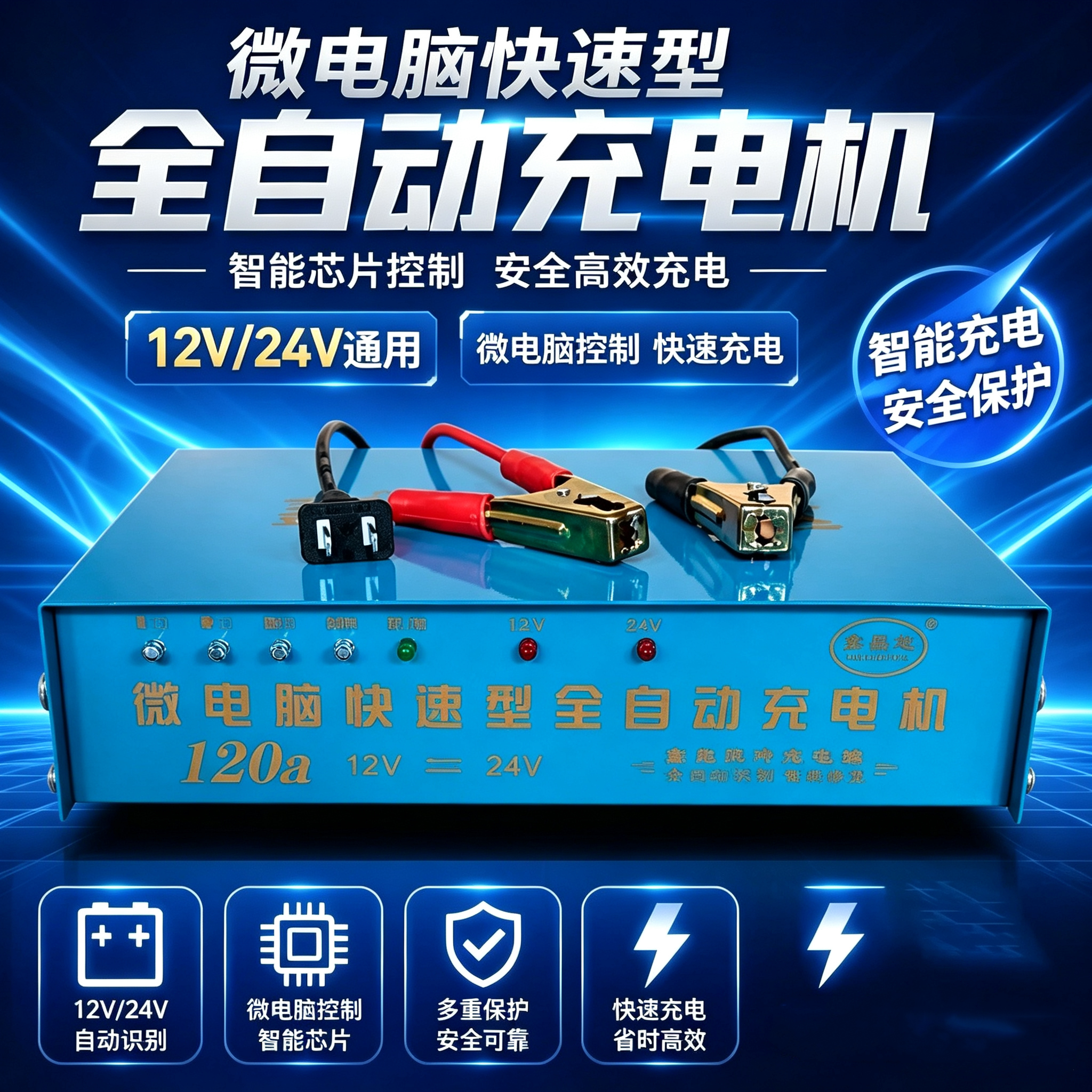 汽车电瓶充电器12V24V摩托车蓄电池120A电子全智能通用自动充电机