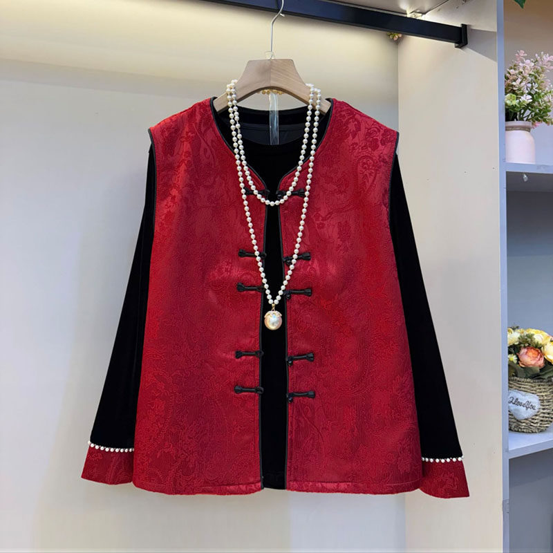 新中式大码女装轻奢国风气质盘扣提花马甲丝绒钉珠小衫显瘦两件套,女装/女士精品,大码套装,淘宝优惠券,粉丝福利购,淘宝优惠卷