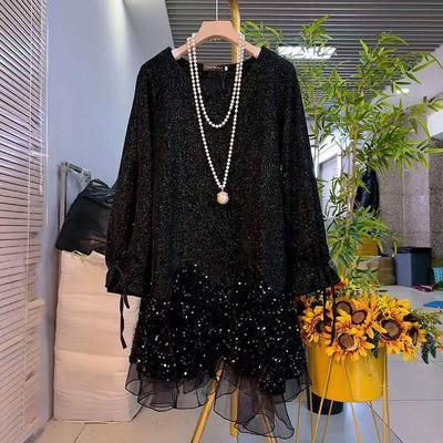 胖mm韩版圆领拼接网纱长袖连衣裙