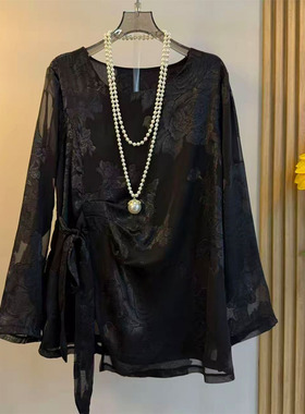 欧货大码女装2025秋季新款法式暗花衬衫宽松显瘦长袖圆领休闲上衣