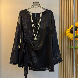 新款 2025秋季 法式 暗花衬衫 圆领休闲上衣 欧货大码 宽松显瘦长袖 女装