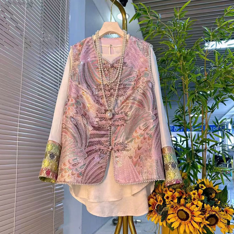 大码女装新中式亮钻盘扣马甲小衫