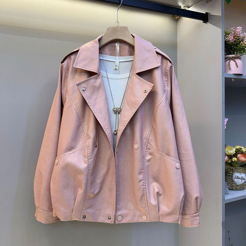 胖mm时尚休闲机车风翻领皮u外套