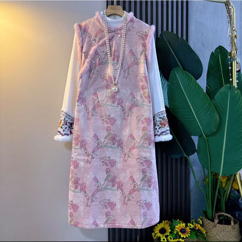 胖mm国潮风加绒盘扣马甲裙打底衫