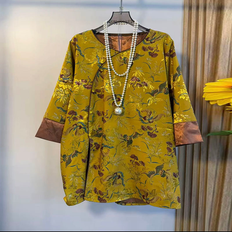 胖mm国潮风锦缎提花斜襟盘扣衬衫