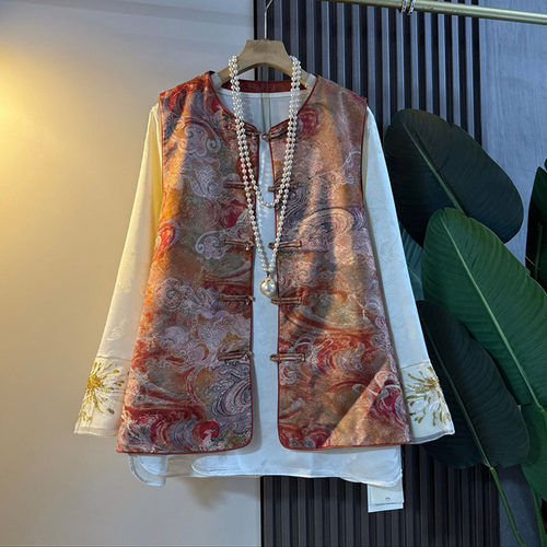 胖mm国风祥云盘扣马甲小衫两件套