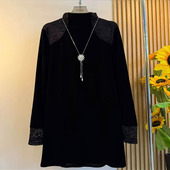 女装 2025秋冬新款 时尚 欧货大码 轻奢亮钻高领蕾丝拼接丝绒衬衫 上衣