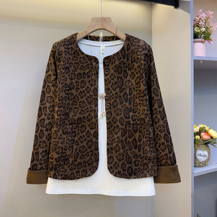 欧货大码女装2026轻奢时尚休闲豹纹外套圆领长袖洋气显瘦开衫上衣