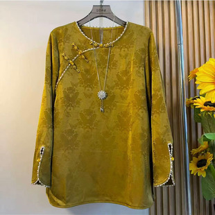 大码 衬衫 女装 轻奢国风提花重工亮钻盘扣显瘦长袖 2025秋冬款 新中式