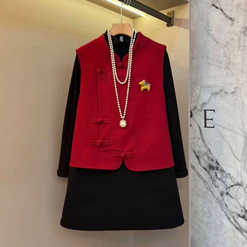 新中式大码女装2025秋冬款轻奢国风毛呢立盘扣马甲小衫短裙三件套,女装/女士精品,大码套装,淘宝优惠券,粉丝福利购,淘宝优惠卷