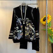 大码 国风丝绒百鸟刺绣盘扣显瘦马甲衬衫 女装 新中式 2025秋季 款 裤 子