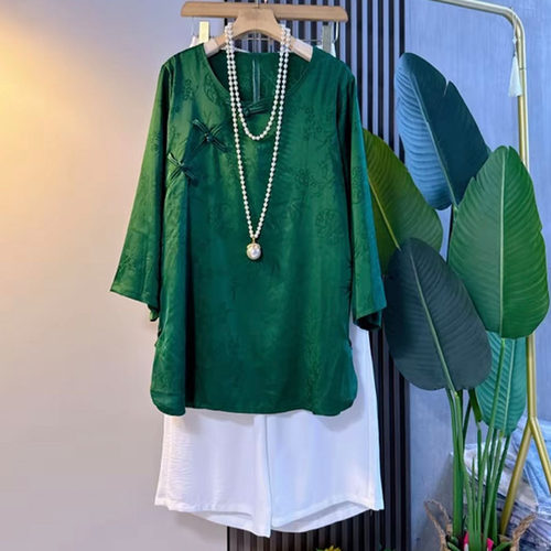 胖mm国风盘扣提花衬衫阔腿裤套装