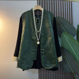 新中式2026春款大码女装轻奢国风提花盘扣马甲丝绒小衫显瘦两件套