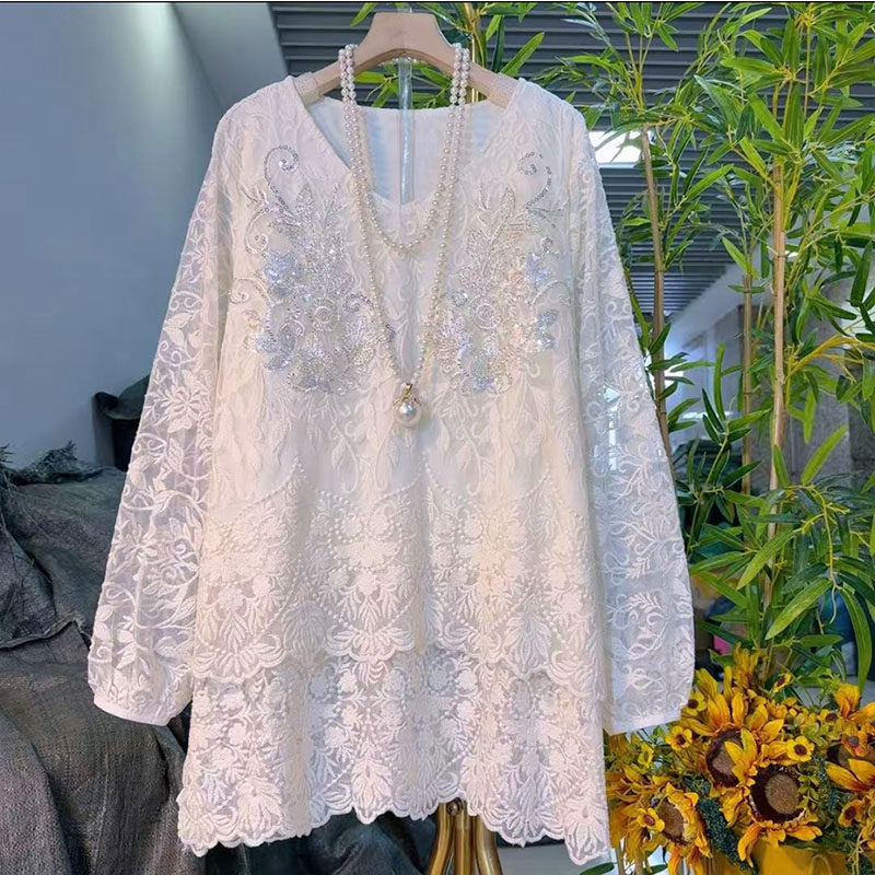 欧货大码女装2026春秋新款轻奢时尚刺绣重工亮片蕾丝长袖显瘦衬衫,女装/女士精品,大码内搭,淘宝优惠券,粉丝福利购,淘宝优惠卷