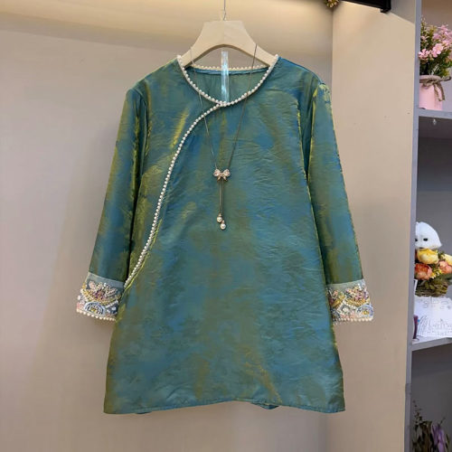 胖mm国潮风鎏金七彩长袖气质衬衫