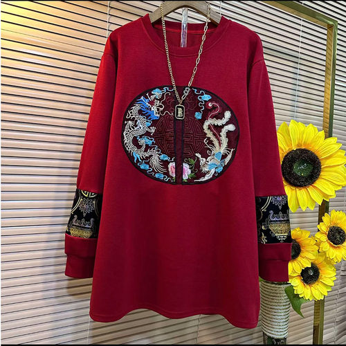 胖mm中国风刺绣拼接袖口卫衣裙