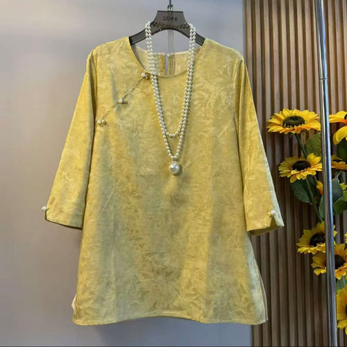 胖mm国风斜襟提花气质七分袖半袖