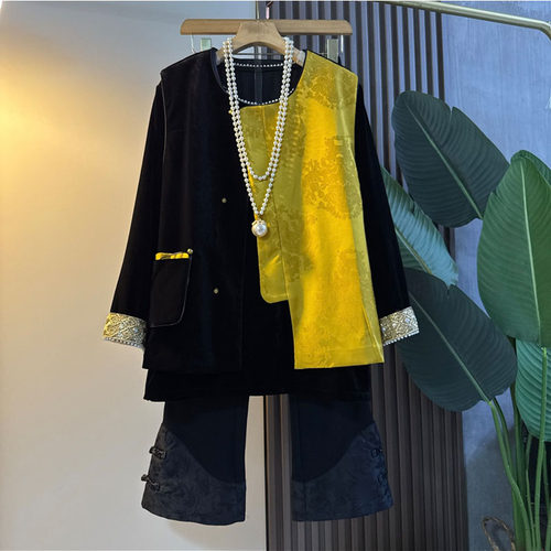 胖mm国风设计感拼接马甲小衫裤子