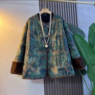 大码 国风轻奢盘扣暗花毛毛袖 女装 款 口棉服显瘦外套 2025冬季 新中式