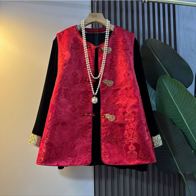 新中式大码女装2026新款轻奢国风锦缎提花盘扣马甲小衫显瘦两件套,女装/女士精品,大码套装,淘宝优惠券,粉丝福利购,淘宝优惠卷