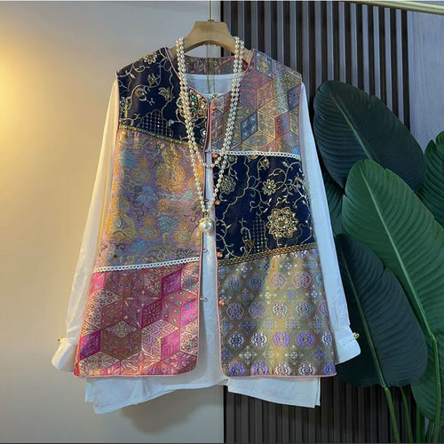 胖mm国风提花拼色马甲衬衫两件套