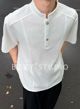 BZXY服饰【树皮纹T恤】老钱风亨利领正肩短袖男女夏高级感宽松
