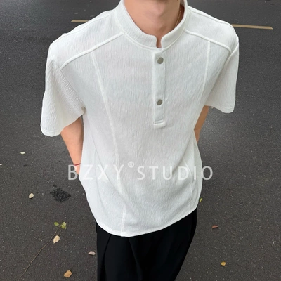 BZXY服饰【树皮纹T恤】老钱风亨利领正肩短袖男女夏高级感宽松